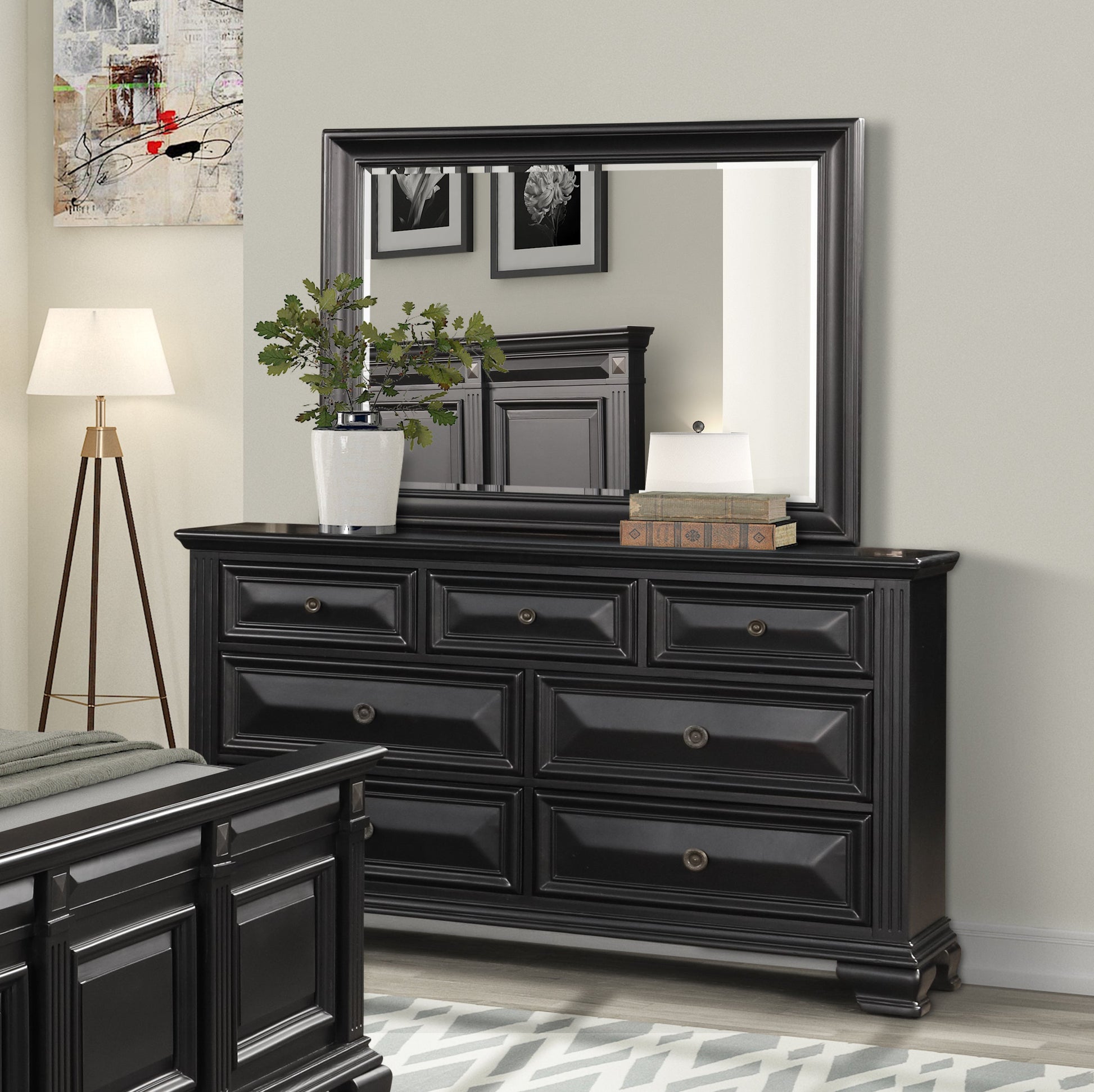 Renova Vintage Black 7-Drawer Dresser with Mirror Roundhill Furniture Renova Vintage Black 7-Drawer Dresser with Mirror Roundhill Furniture