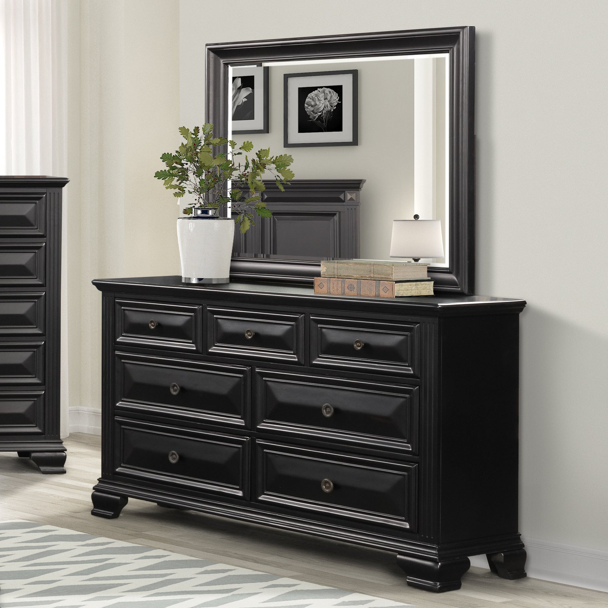 Renova Vintage Black 7-Drawer Dresser with Mirror Roundhill Furniture Renova Vintage Black 7-Drawer Dresser with Mirror Roundhill Furniture