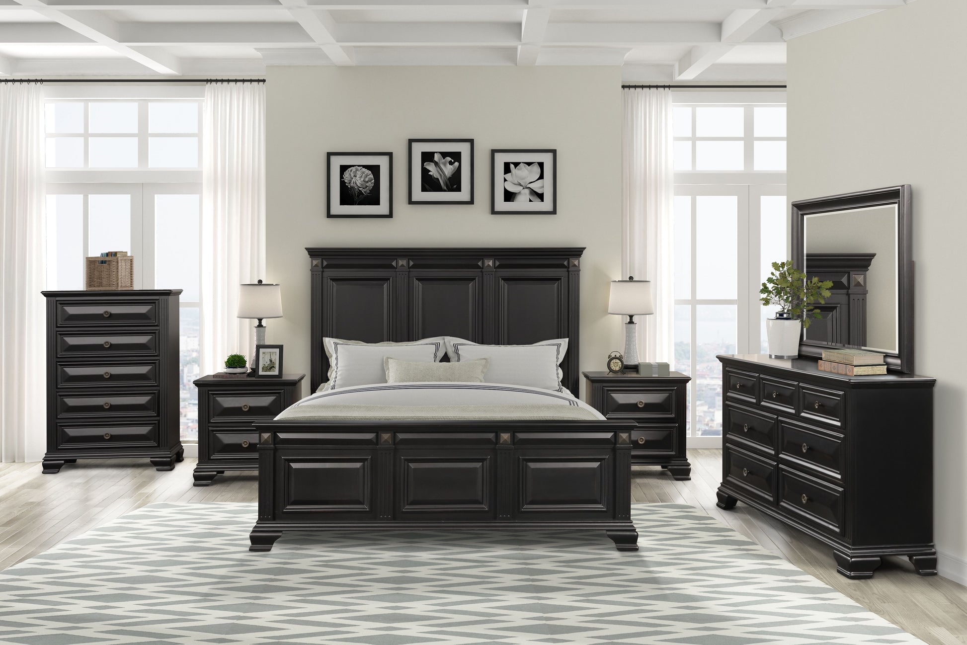 bedroom dresser sets black Furniture of America Lucan II 5-Piece Farmhouse Solid Wood Panel Set Black Finish Black Solid Wood Upholstered Bedroom