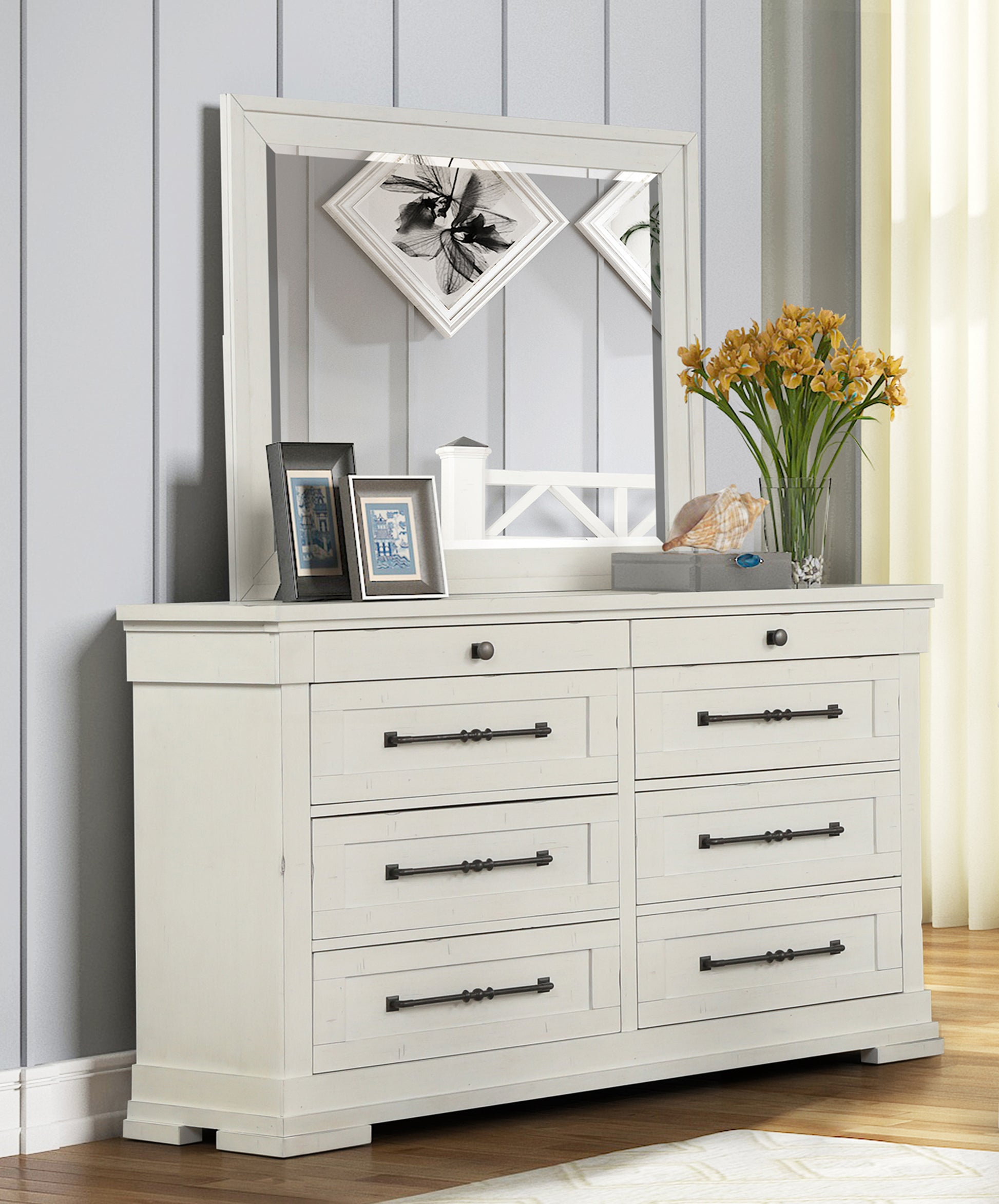 Laria Antique White Finish Wood 8-Drawer Dresser with Mirror Roundhill Furniture Laria Antique White Finish Wood 8-Drawer Dresser with Mirror Roundhill Furniture