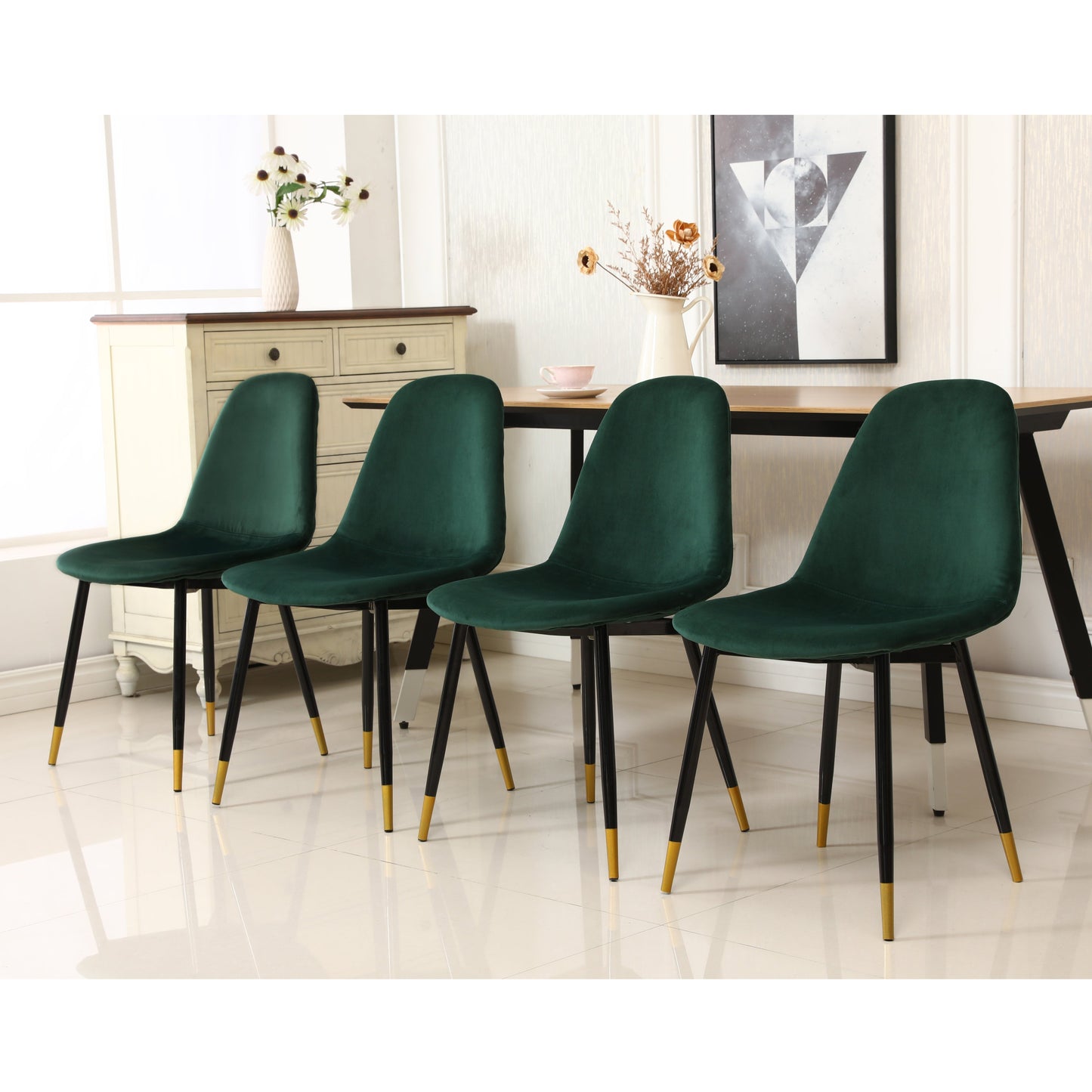 Lassan Contemporary Fabric Dining Chairs, Set of 4, Green