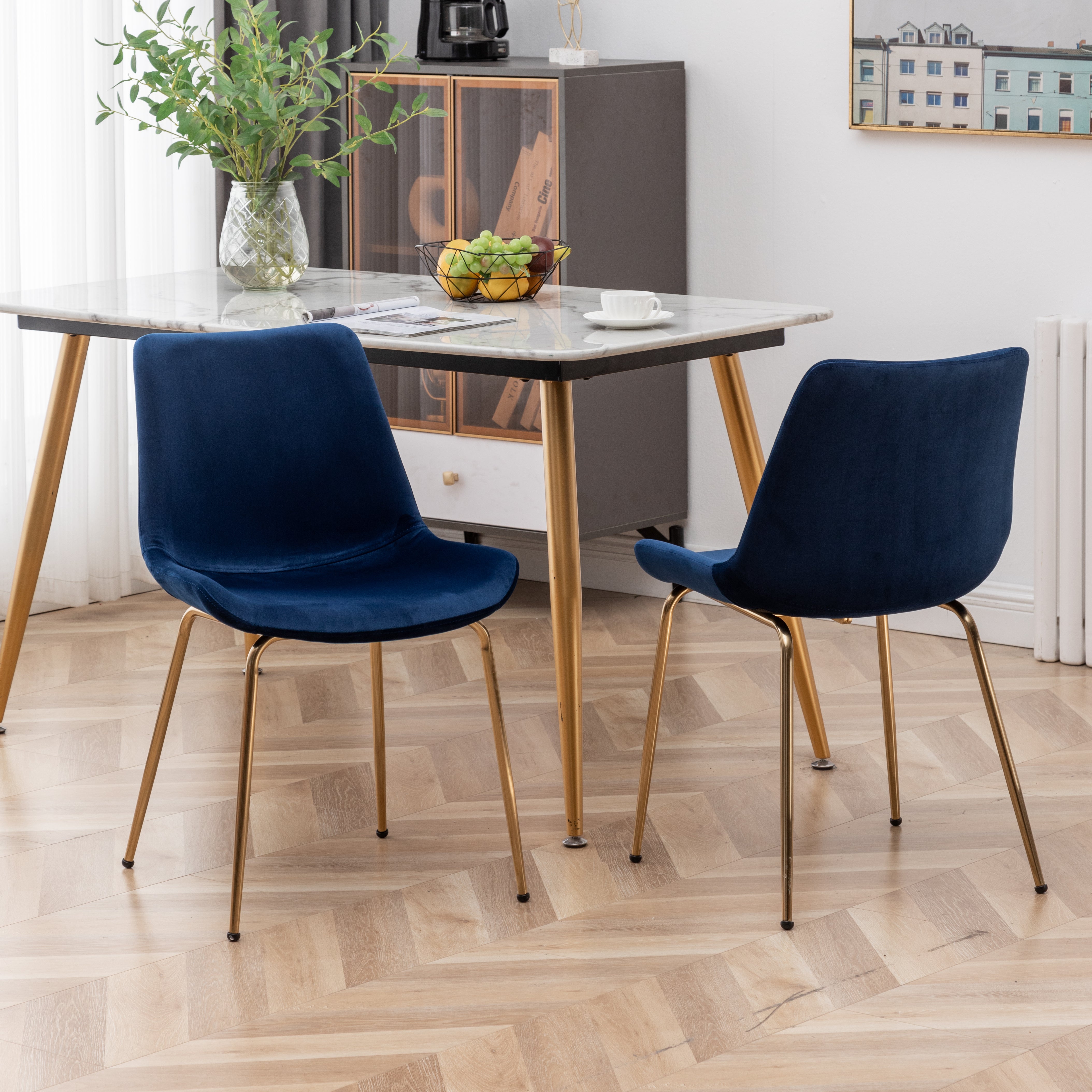 Wood dining table with velvet online chairs