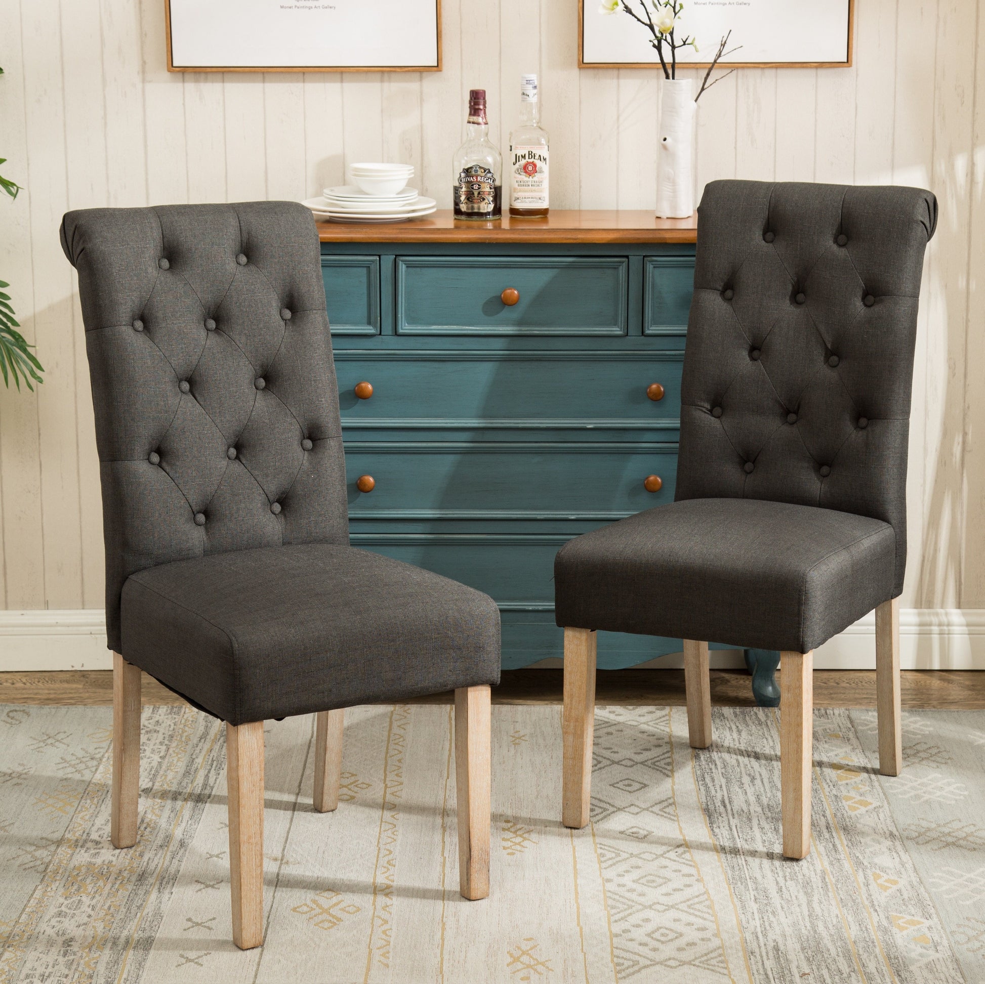 Habit Solid Wood Tufted Parsons Charcoal Dining Chair, Set of