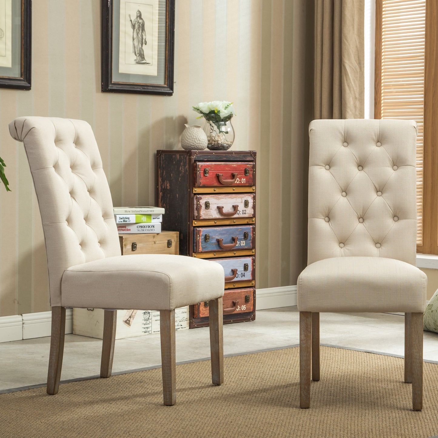 Habit Tan Solid Wood Tufted Parsons Dining Chair ,Set of 2