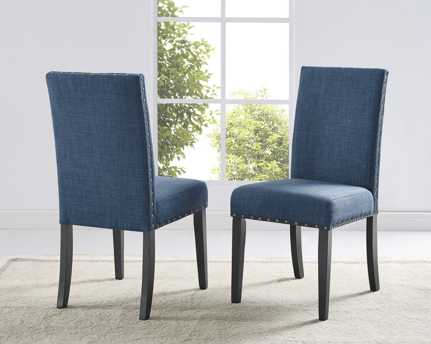 Biony Blue Fabric Dining Chairs with Nailhead Trim, Set of 2