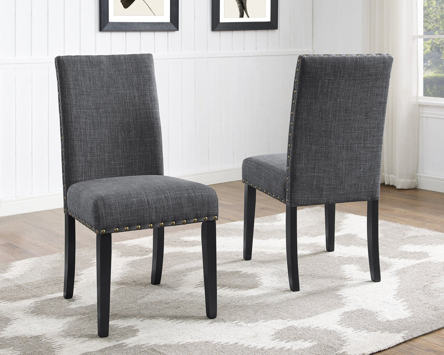 Biony Gray Fabric Dining Chairs with Nailhead Trim, Set of 2