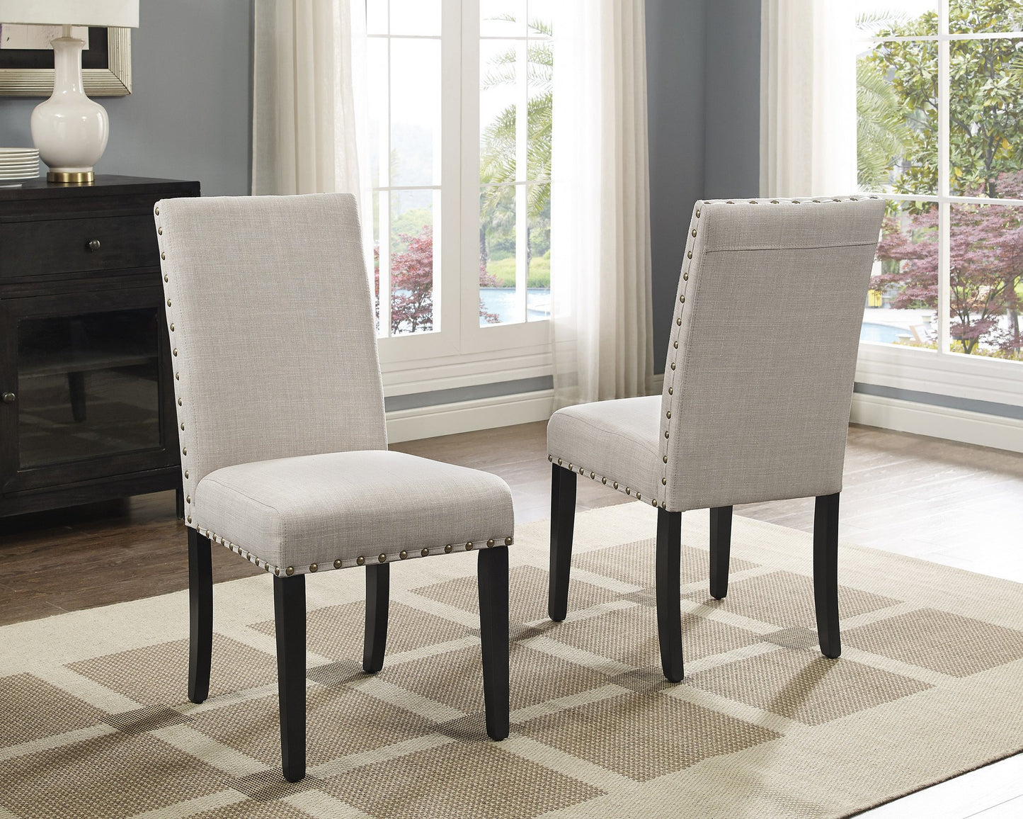 Biony Tan Fabric Dining Chairs with Nailhead Trim, Set of 2