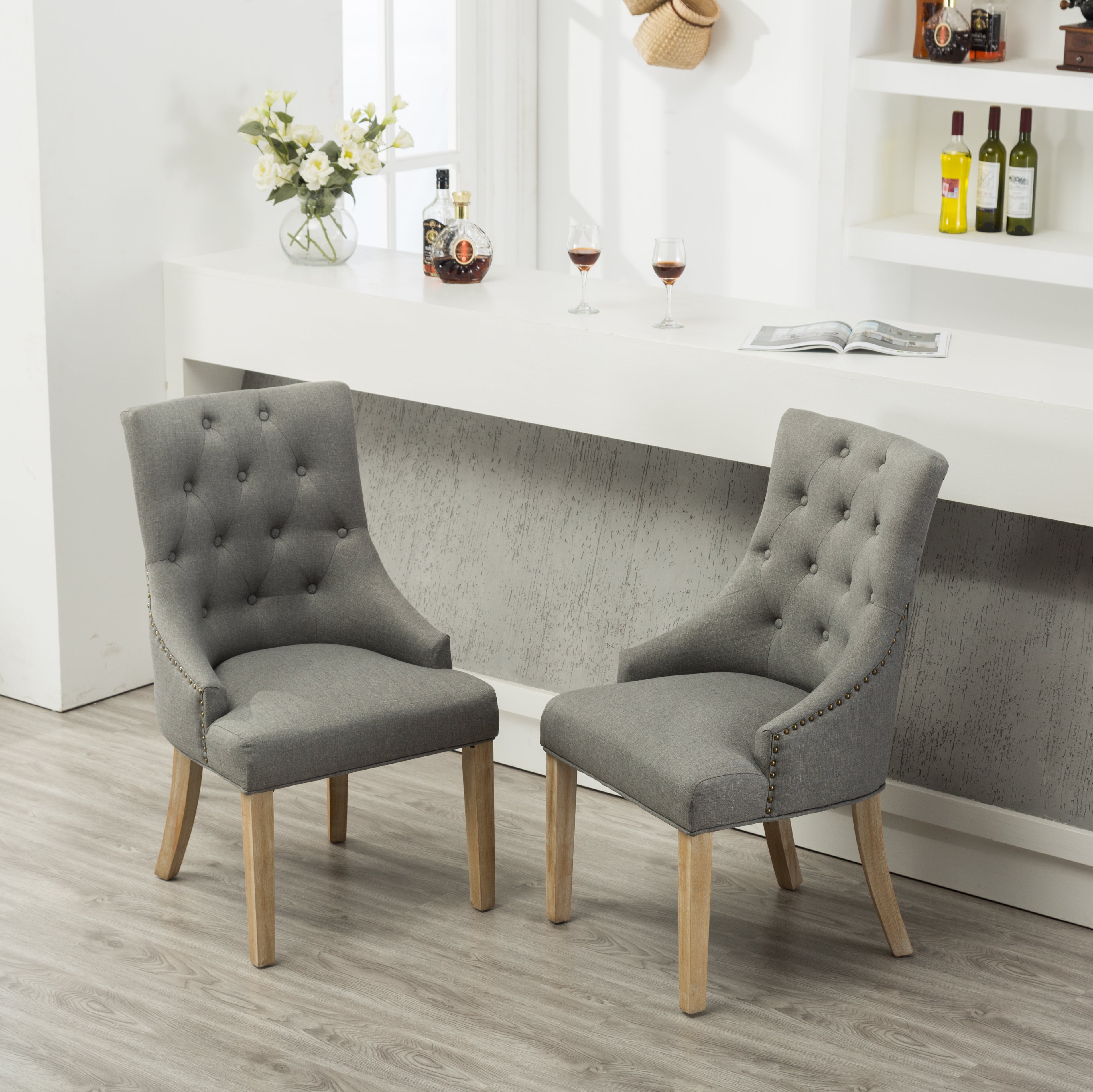 Grey Button Tufted Solid Wood Wingback Hostess Chairs with Nail