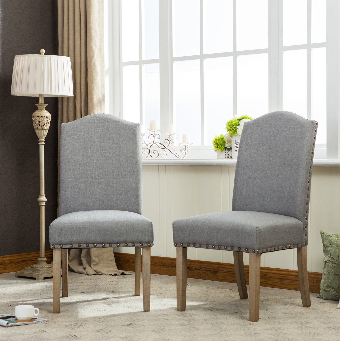 Mod Urban Style Solid Wood Nailhead Grey Fabric Padded Parson Chair, Set of 2