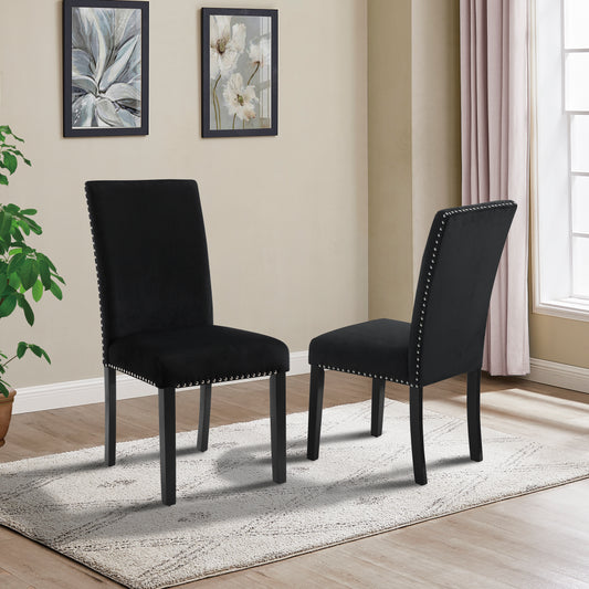 Cobre Contemporary Velvet Dining Chair with Nailhead Trim, Set of 2, Black
