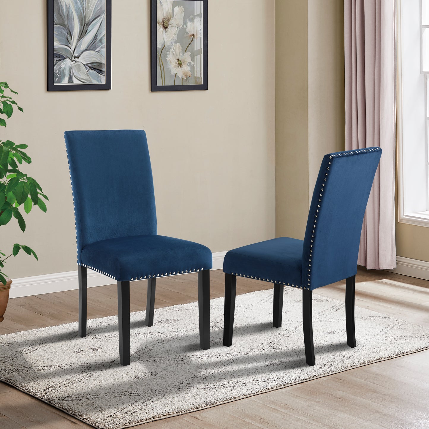 Cobre Contemporary Velvet Dining Chair with Nailhead Trim, Set of 2, Blue