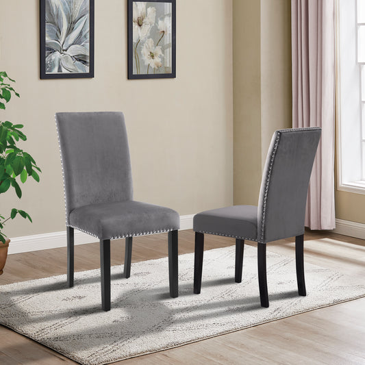 Cobre Contemporary Velvet Dining Chair with Nailhead Trim, Set of 2, Gray