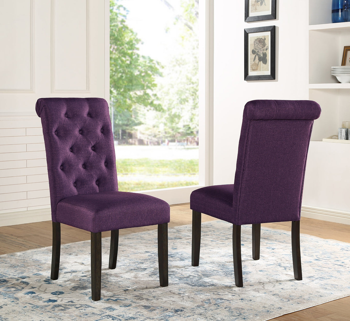 Leviton Solid Wood Tufted Asons Dining Chair, Set of 2, Purple