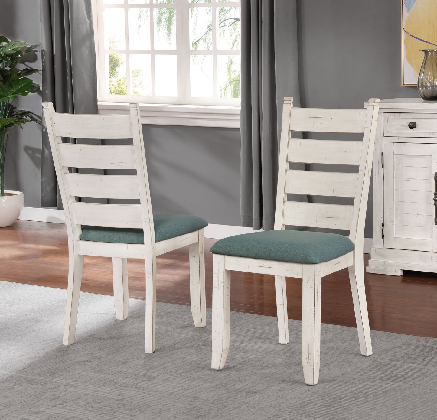 Florina Antique White Wood Ladderback Upholstered Dining Chairs, Set of 2
