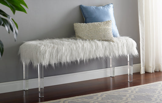 White Faux Fur Bench with Acrylic Legs
