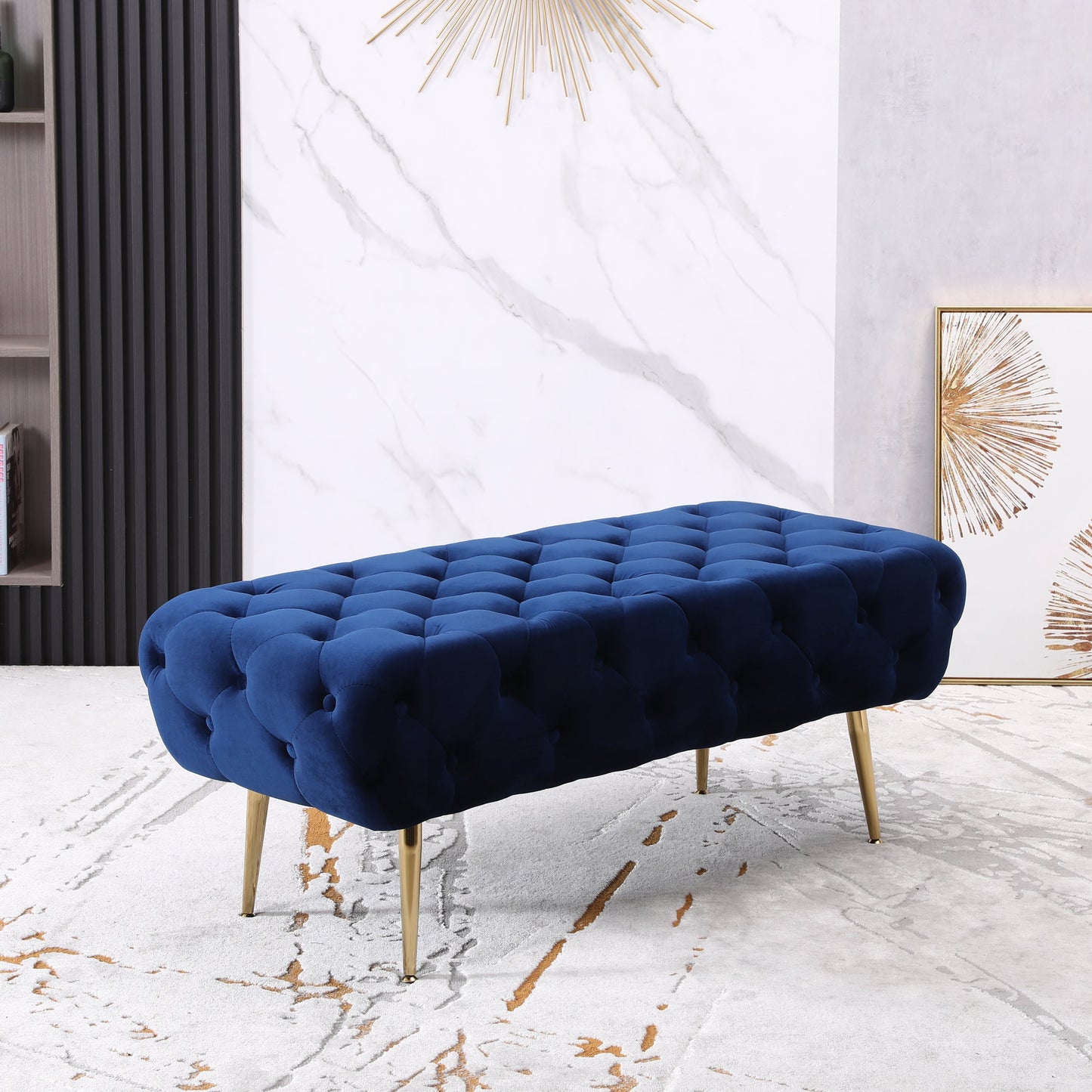 Sira Velvet Button Tufted Bench with Gold Metal Legs, Blue