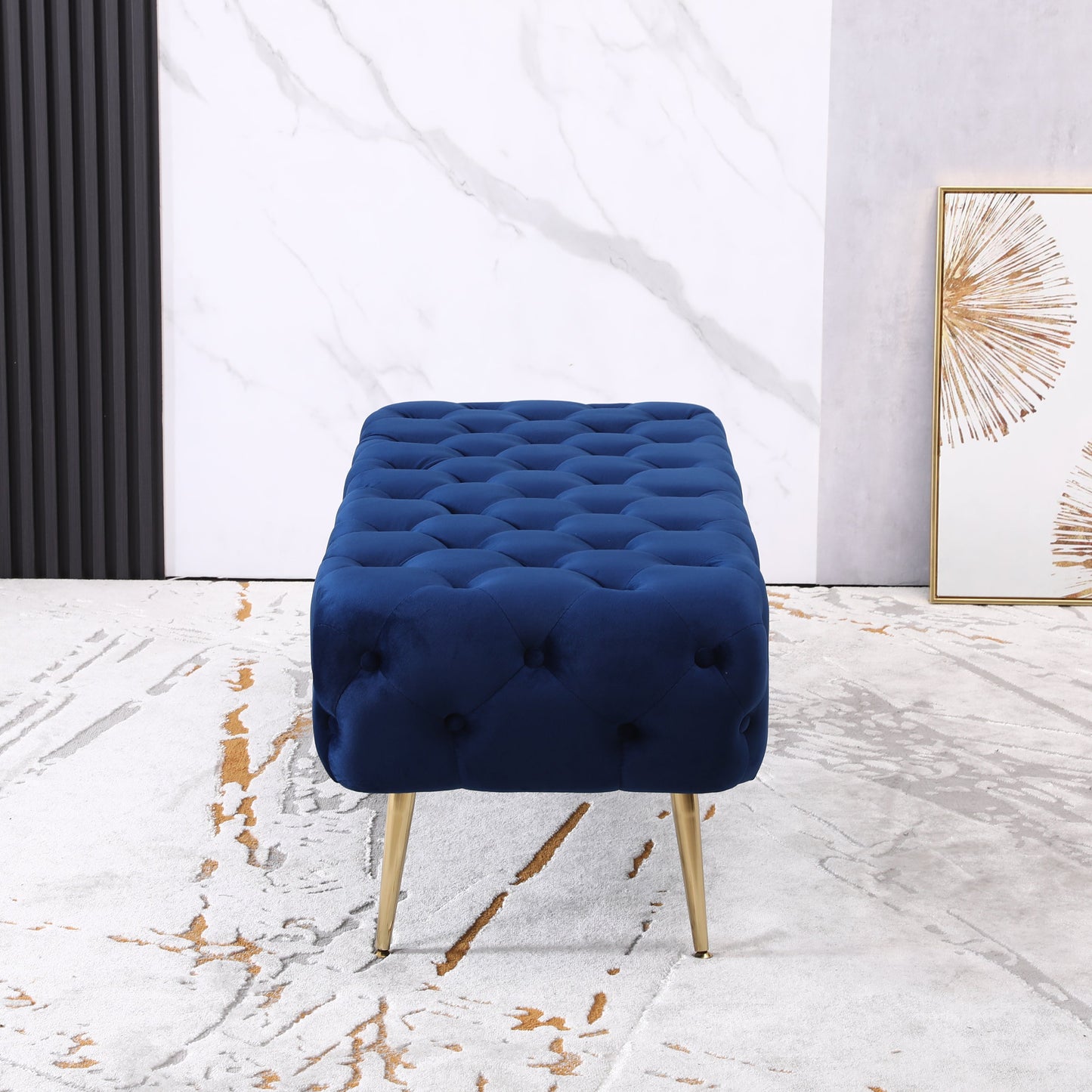 Sira Velvet Button Tufted Bench with Gold Metal Legs, Blue