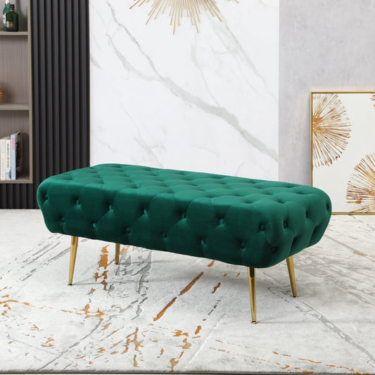 Sira Velvet Button Tufted Bench with Gold Metal Legs, Green