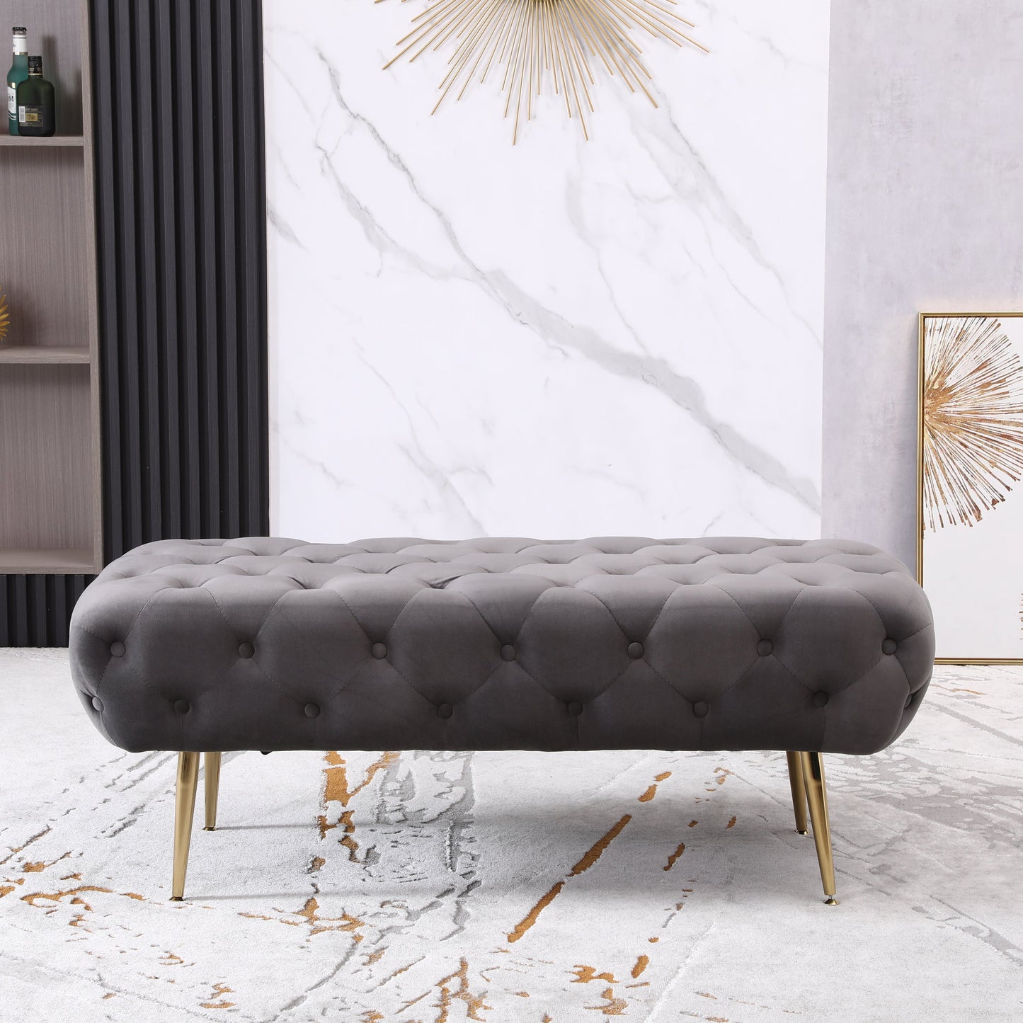 Sira Velvet Button Tufted Bench with Gold Metal Legs, Gray