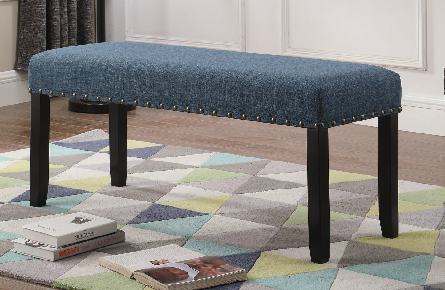 Biony Blue Fabric Dining Bench with Nailhead Trim