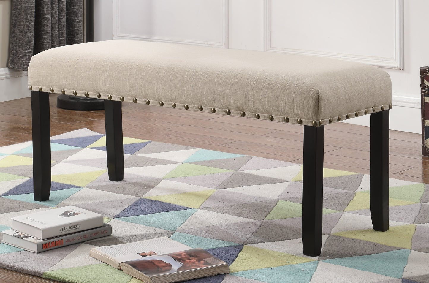 Biony Tan Fabric Dining Bench with Nailhead Trim