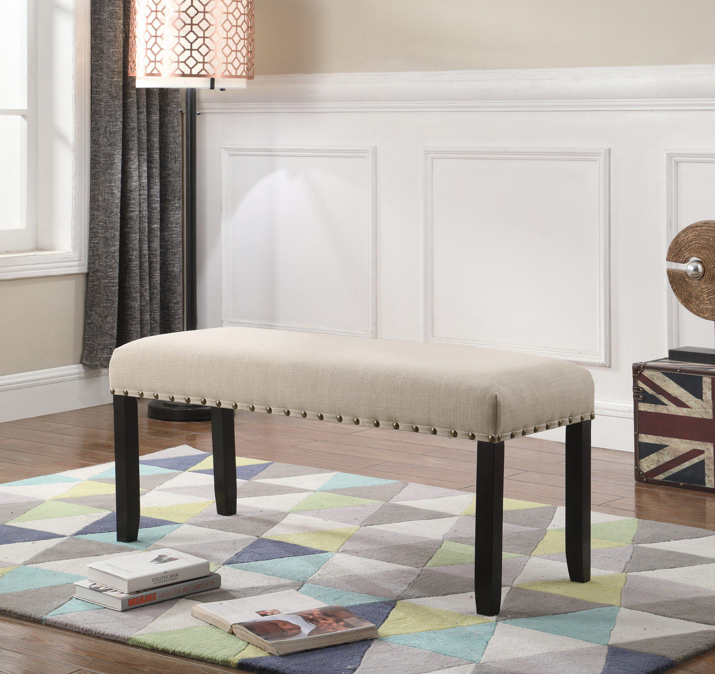 Biony Tan Fabric Dining Bench with Nailhead Trim