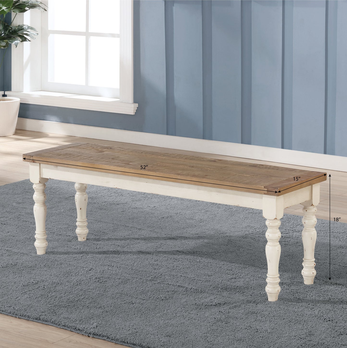 Prato Two-Tone Wood Upholstered Dining Bench, Antique White and Distressed Oak