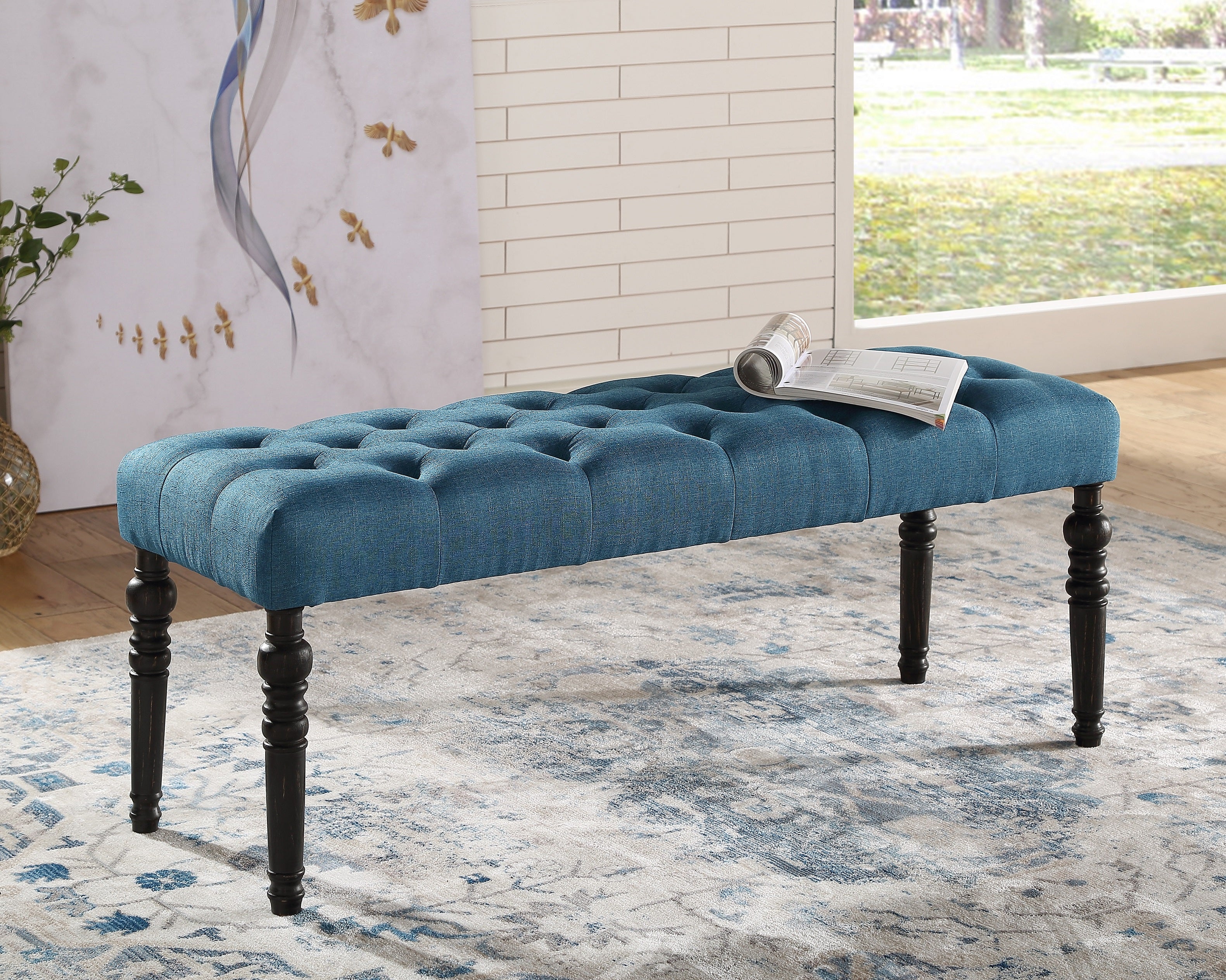 Leviton Fabric Tufted Turned Leg Dining Bench Blue Roundhill