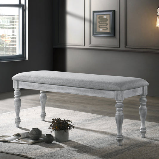 Salines Upholstered Turned Leg Dining Bench, Rustic White