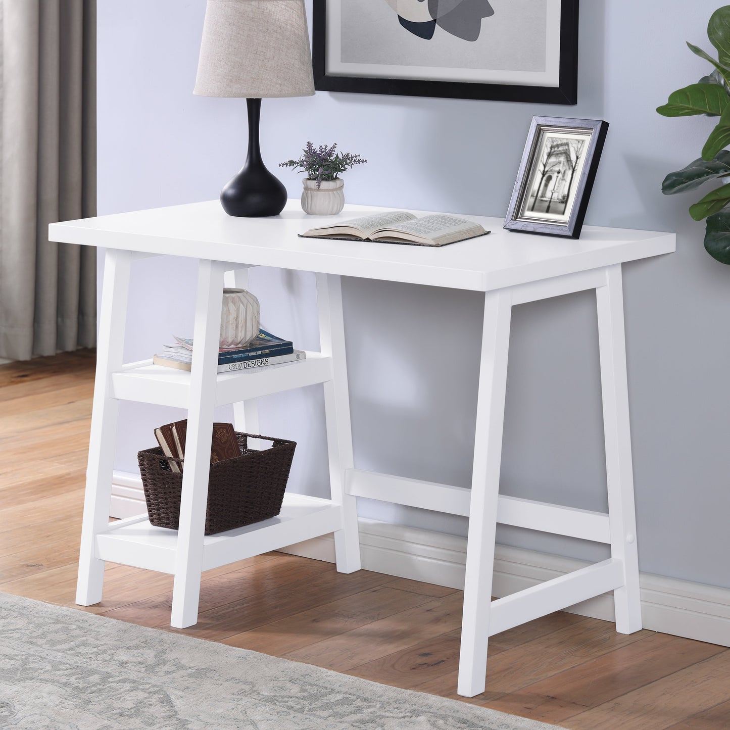 Redina Contemporary Wood Writing Desk with Storage, White