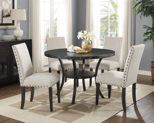 Biony Espresso Wood Dining Set with Tan Fabric Nailhead Chairs
