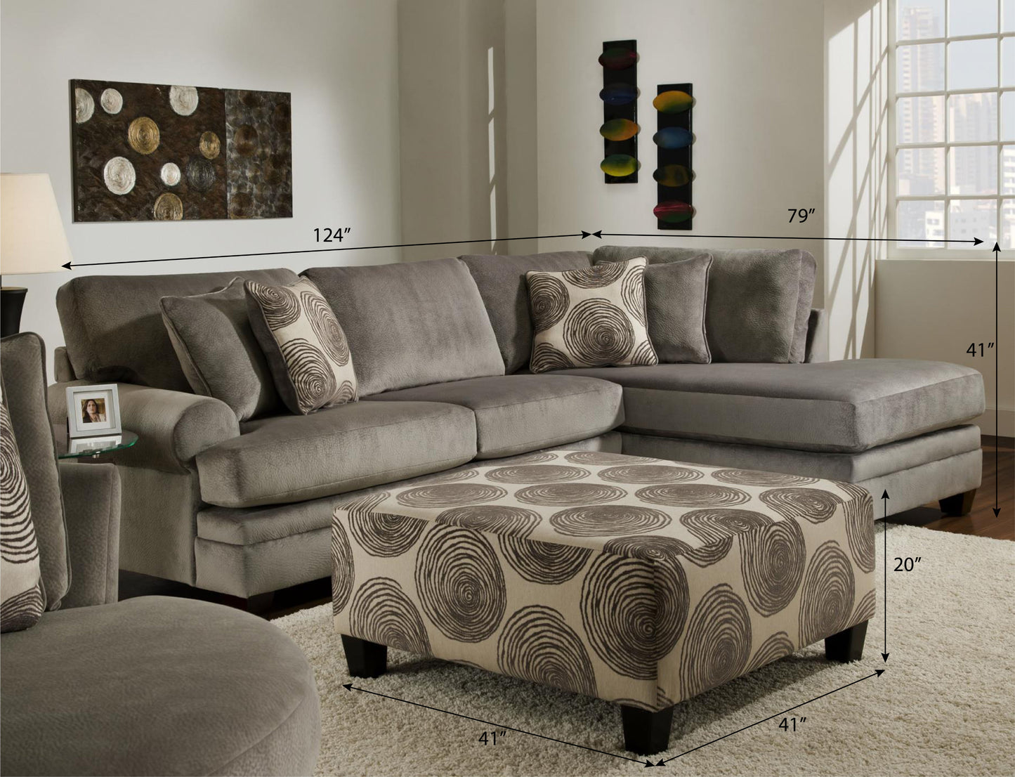 Natara Contemporary L-shape Sectional Sofa with Ottoman, Smoke
