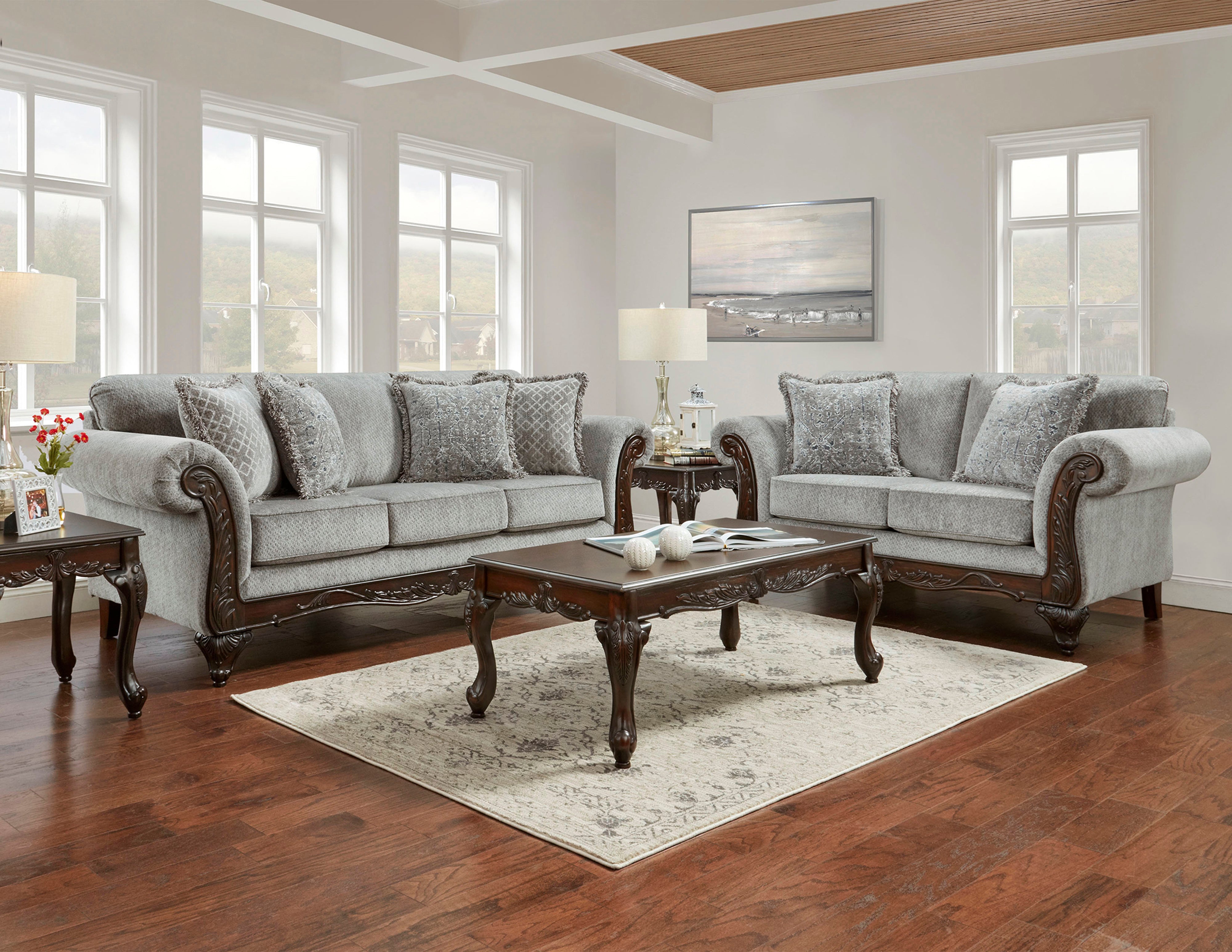 Hernen Carved Wood Frame Living Room Collection, Gray – Roundhill Furniture