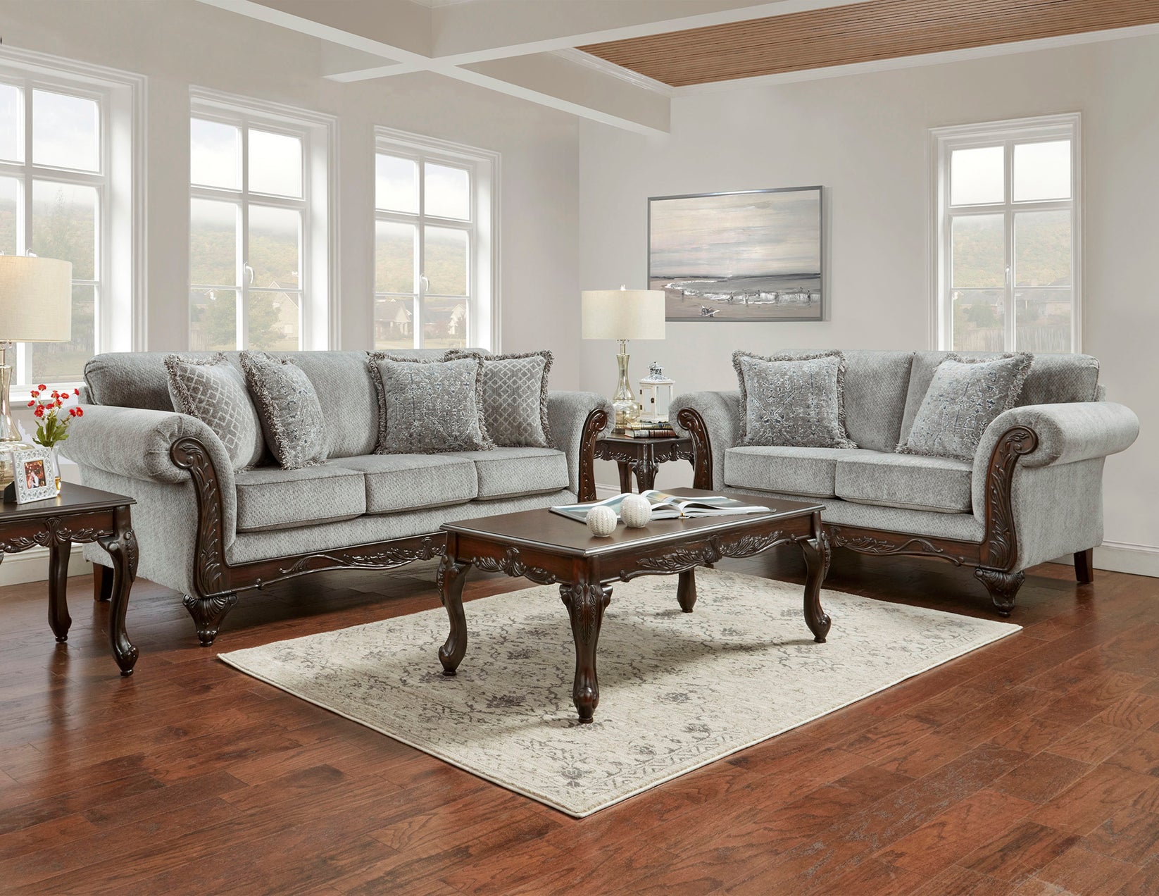 Hernen Carved Wood Frame Living Room Collection, Gray Roundhill Furniture