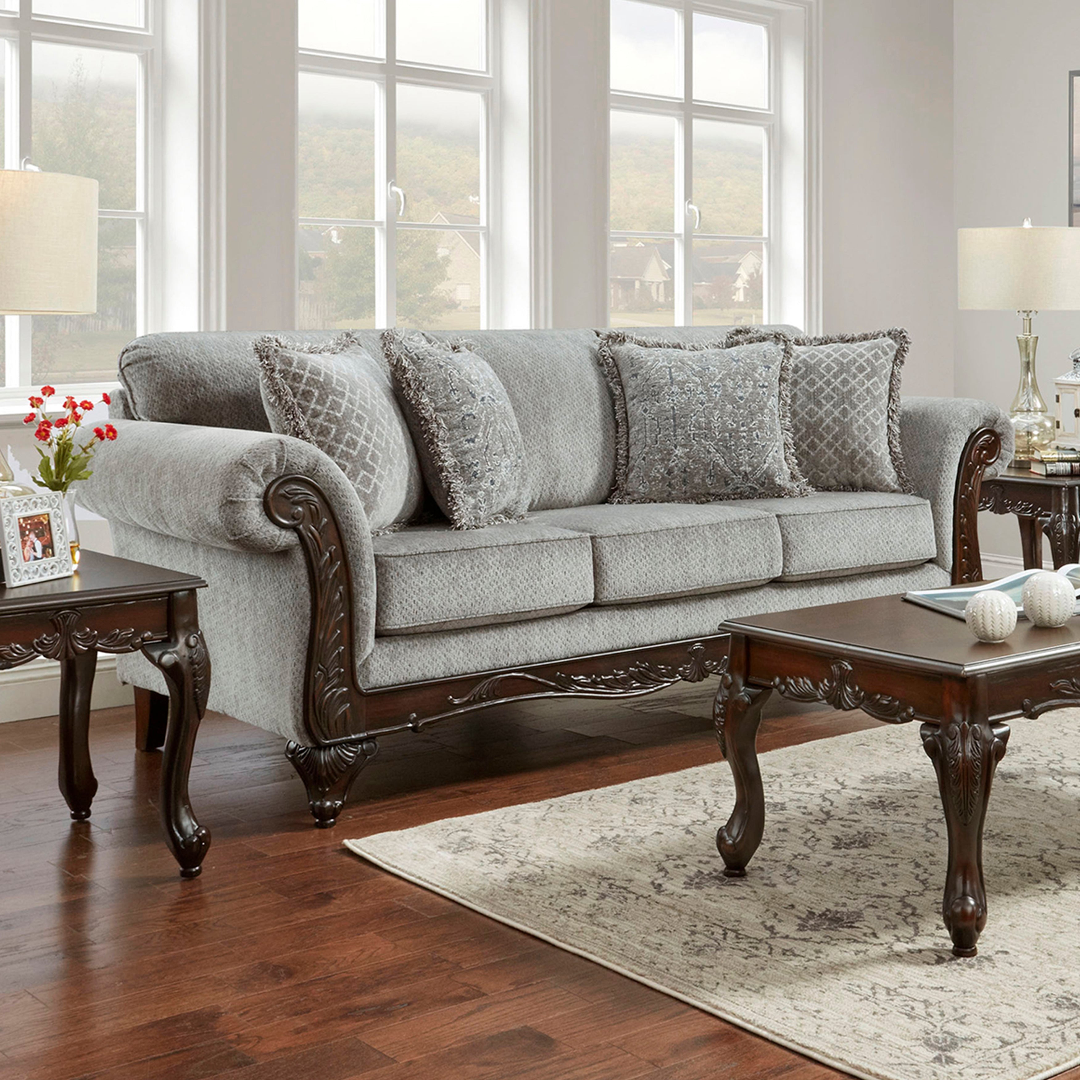 Hernen Carved Wood Frame Living Room Collection, Gray – Roundhill Furniture