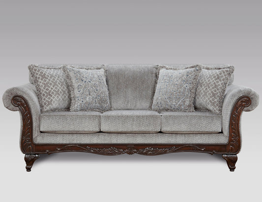 Hernen Carved Wood Frame Gray Sofa