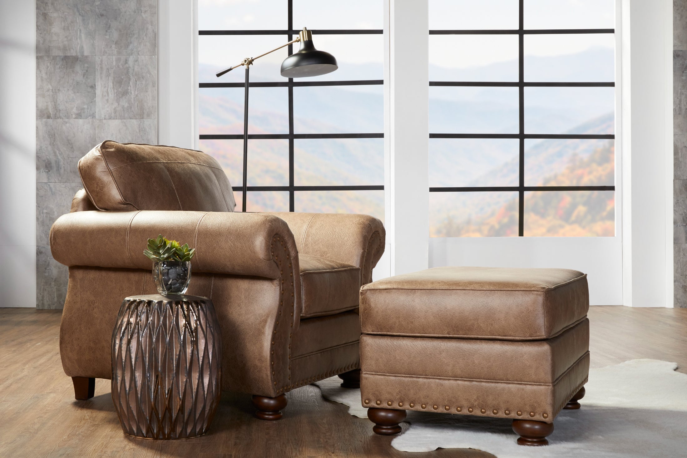 Faux leather 2025 armchair with ottoman