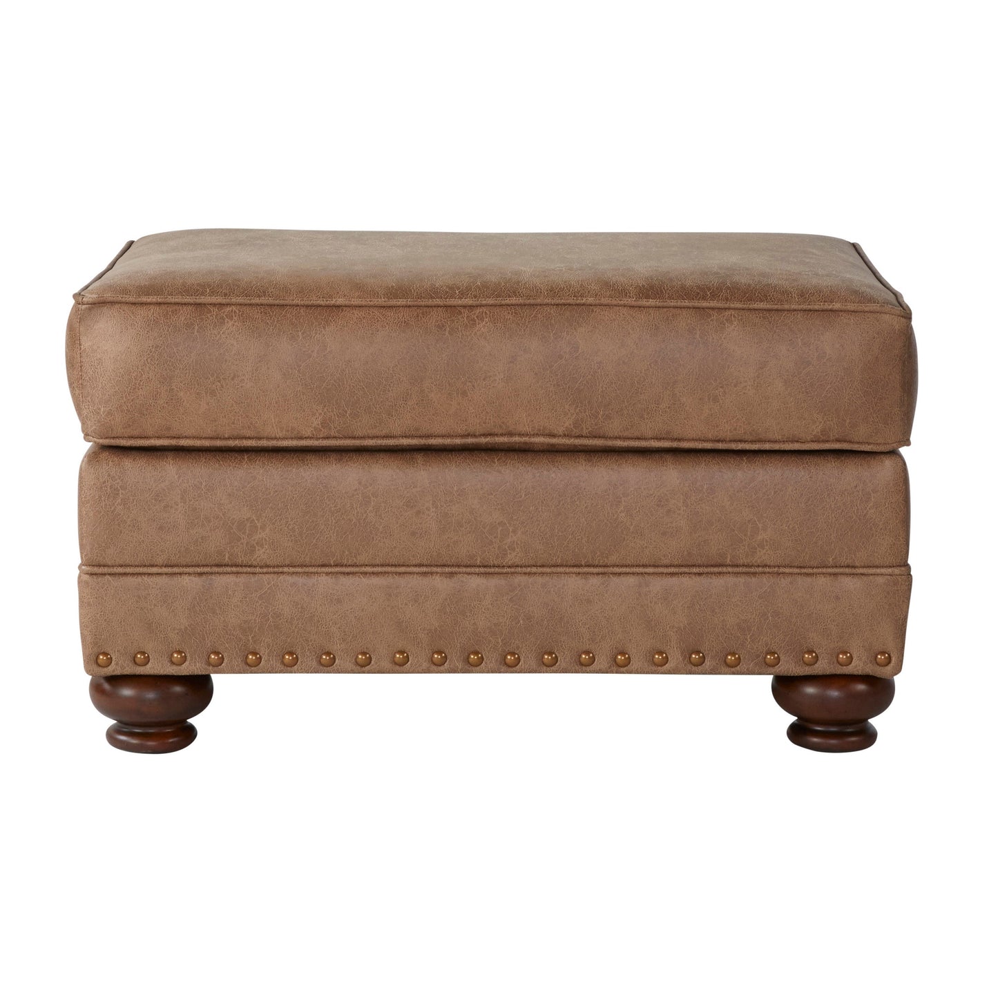 Leinster Faux Leather Ottoman with Antique Bronze Nailheads in Jetson Ginger