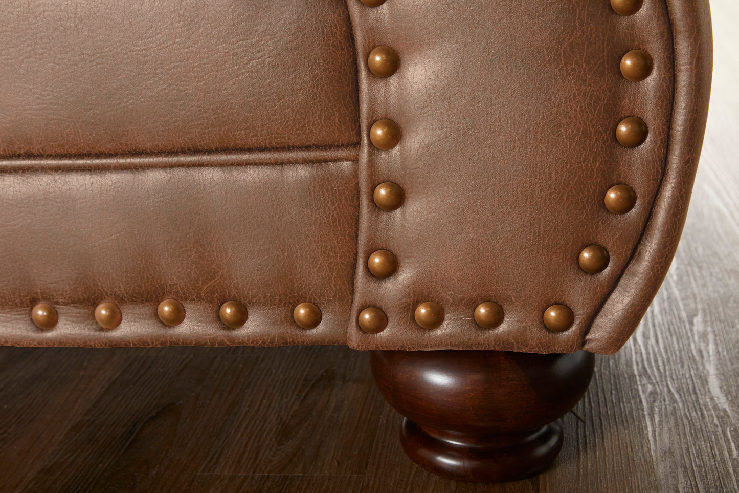 Leinster Faux Leather Living Room Collection with Antique Bronze Nailheads in Jetson Ginger