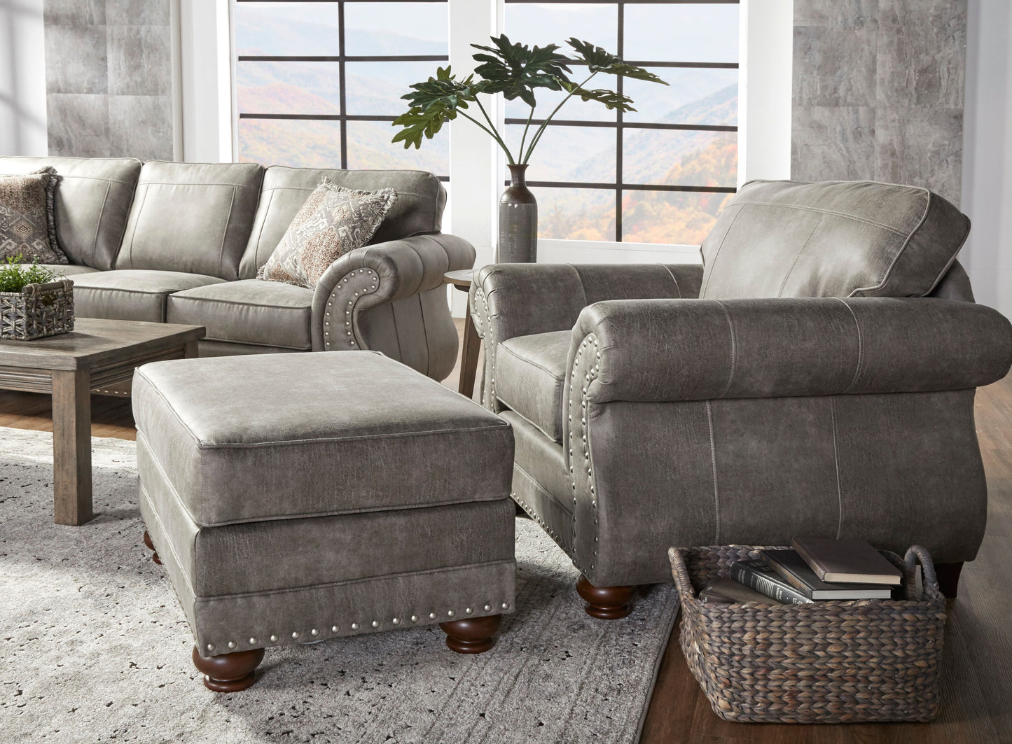 Leinster Faux Leather Upholstered Nailhead Chair and Ottoman in Stone Gray