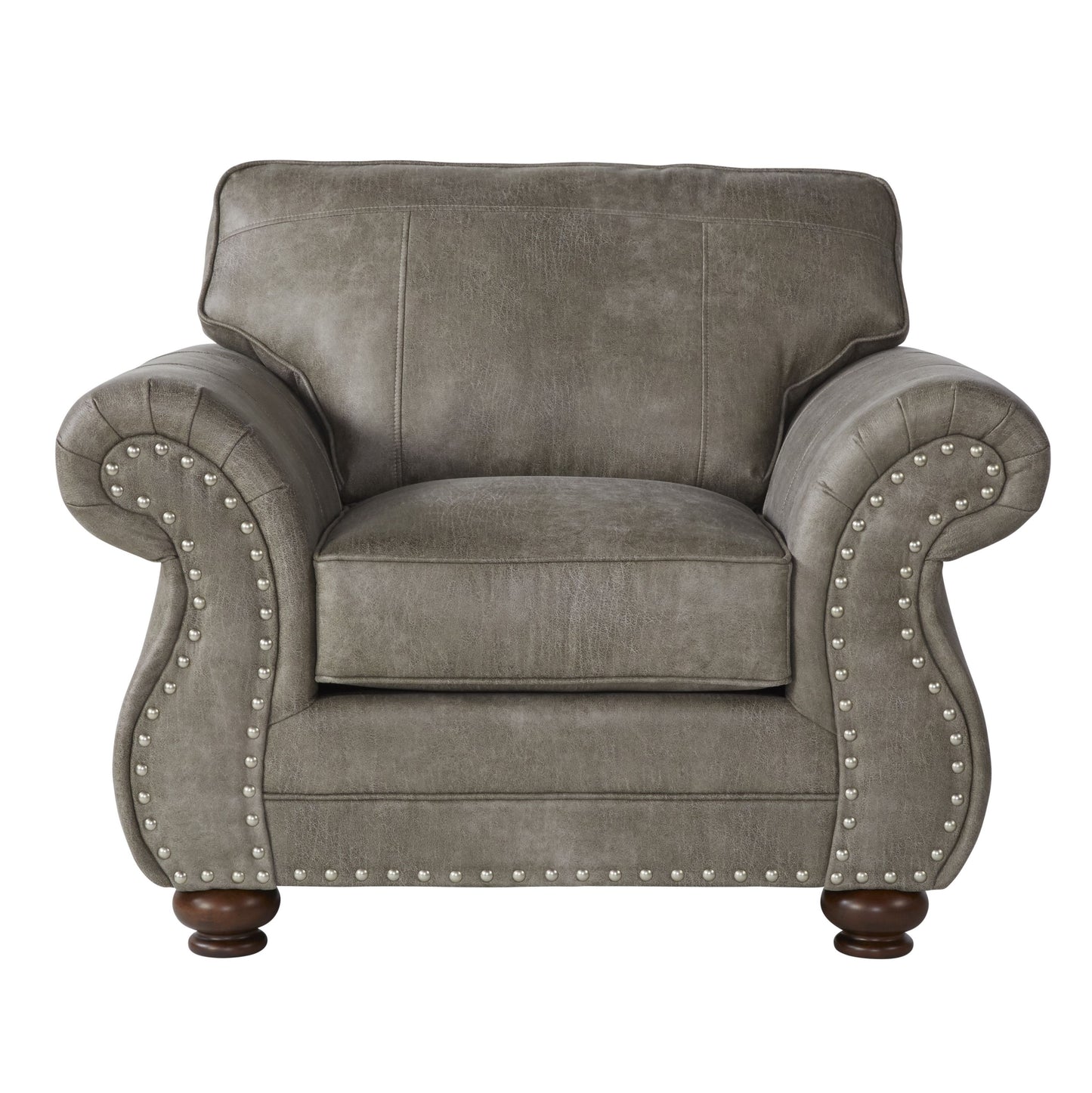Leinster Faux Leather Upholstered Nailhead Chair and Ottoman in Stone Gray