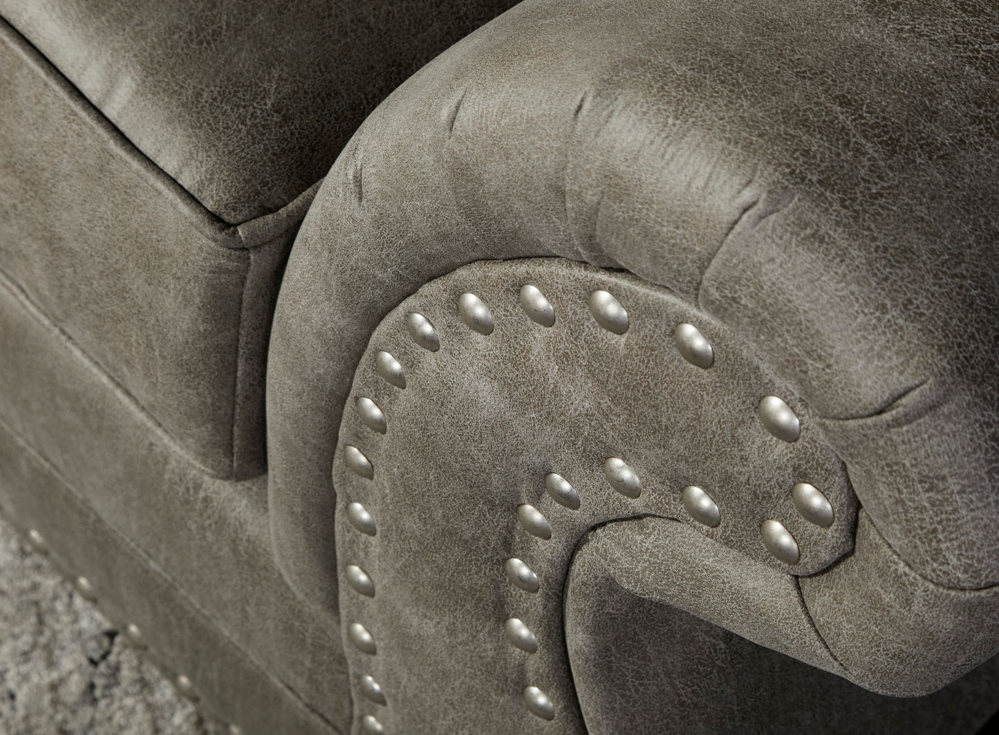 Leinster Faux Leather Upholstered Nailhead Loveseat in Stone Gray