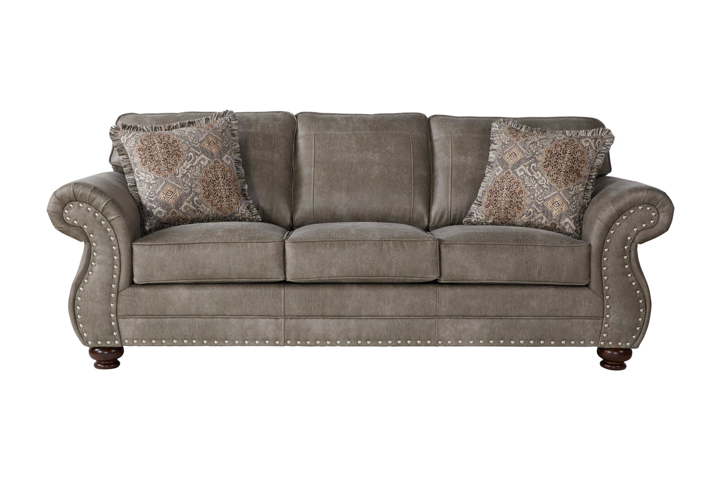 Leinster Faux Leather Upholstered Nailhead Sofa in Stone Gray
