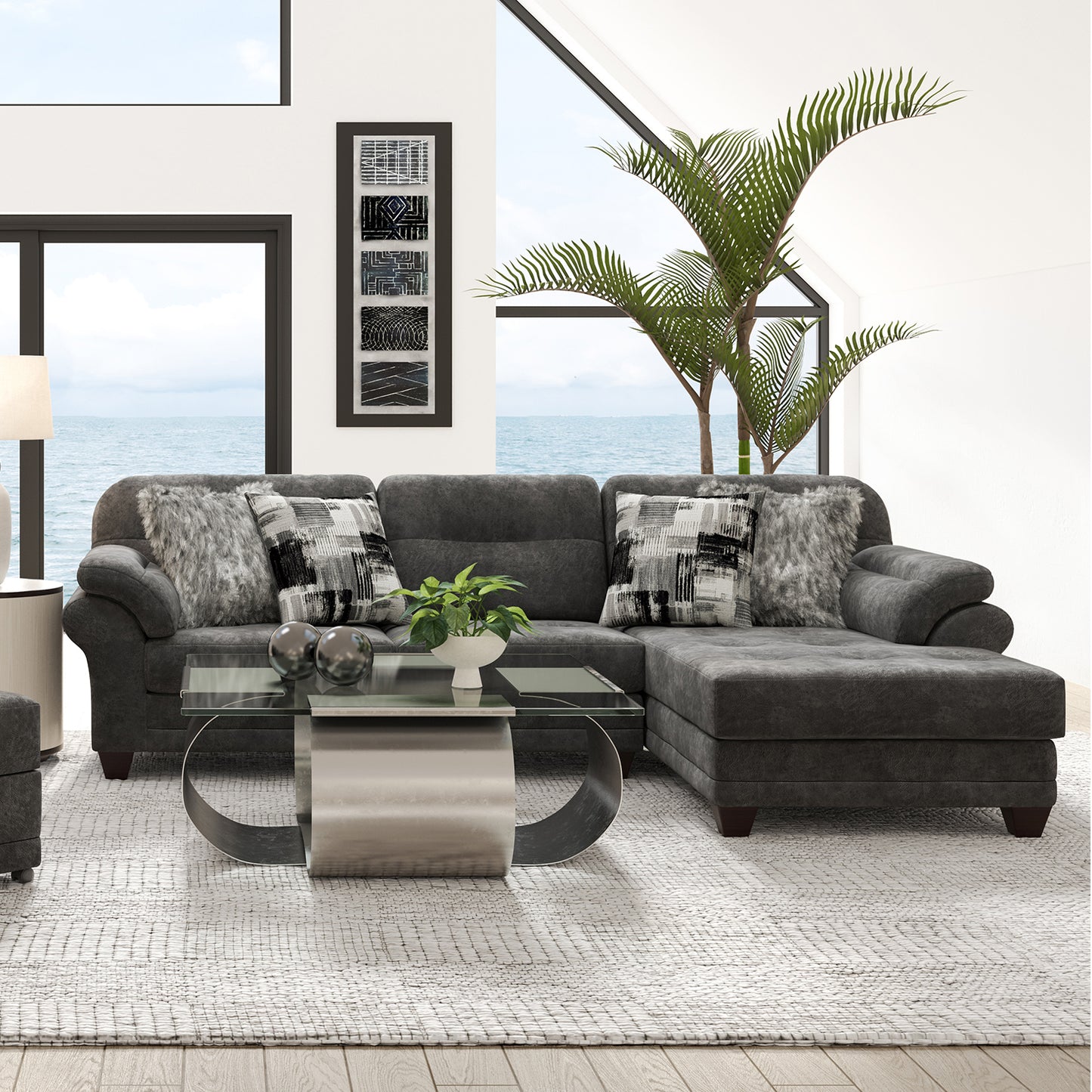 Bonarse Fabric Sectional Sofa with Chair and Ottoman Set in Wonderland Slate