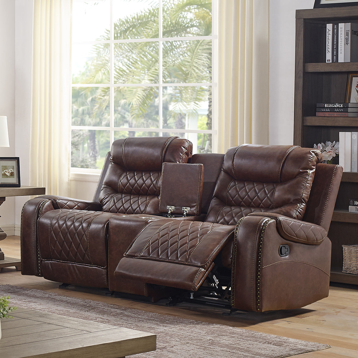 Leather reclining loveseat with nailhead outlet trim