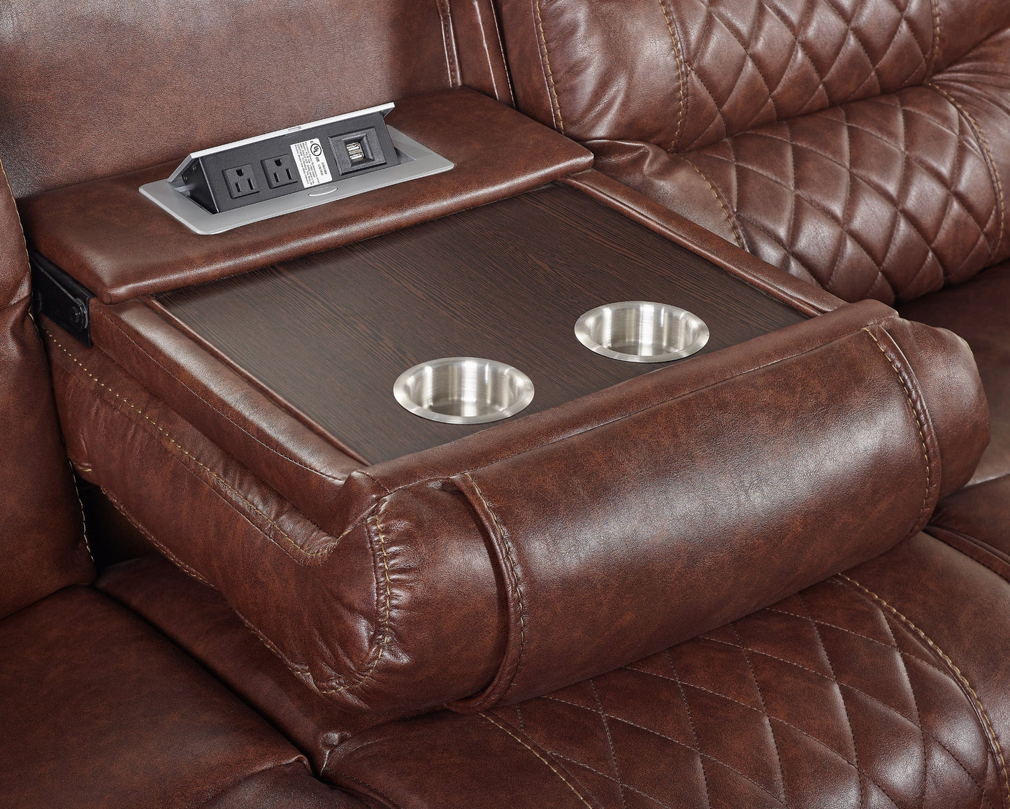 Klens Faux Leather Reclining Sofa with Nailhead Trim and USB Port, Brown