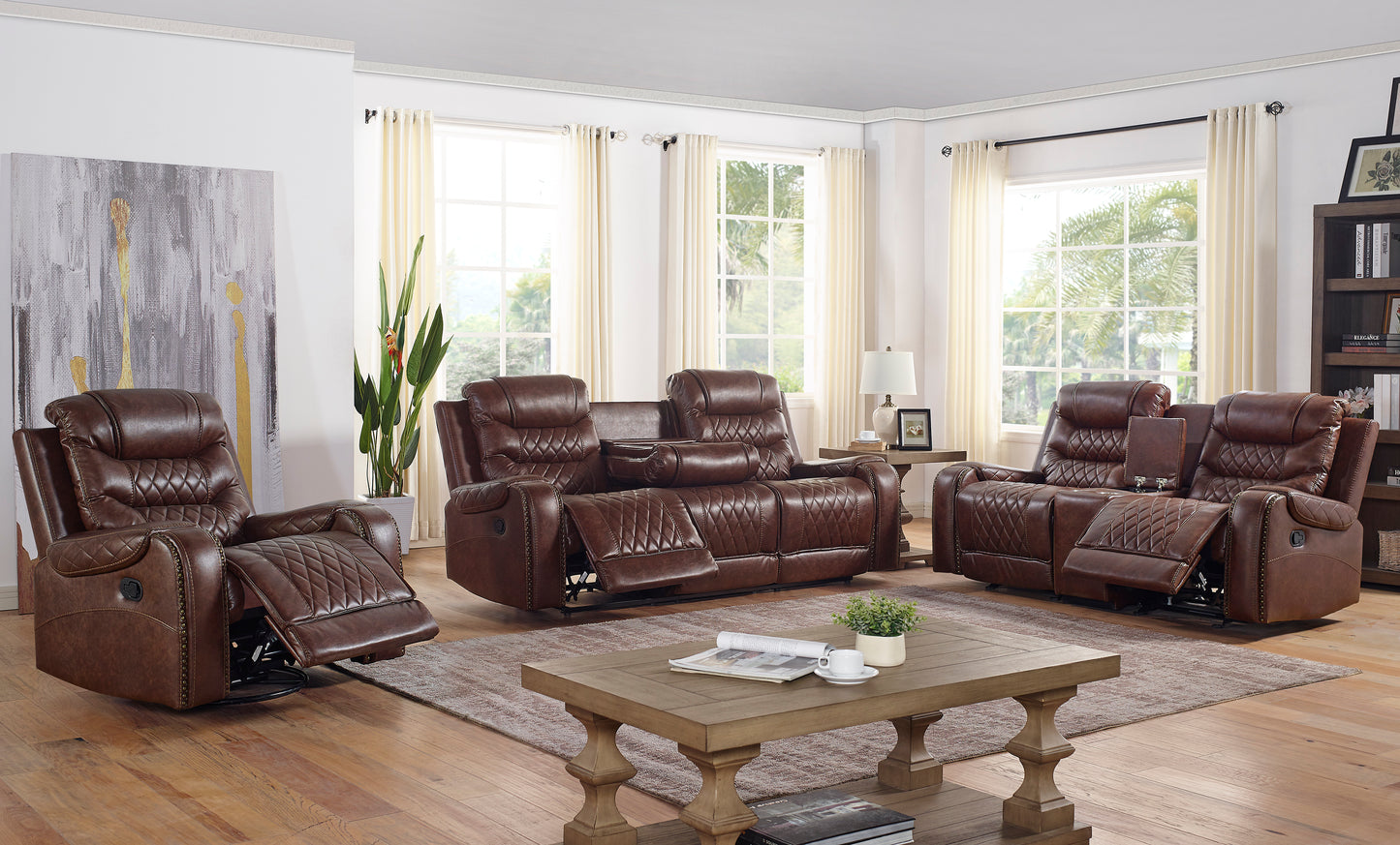Klens Faux Leather 3-Piece Reclining Living Room Collection with Nailhead Trim, Brown