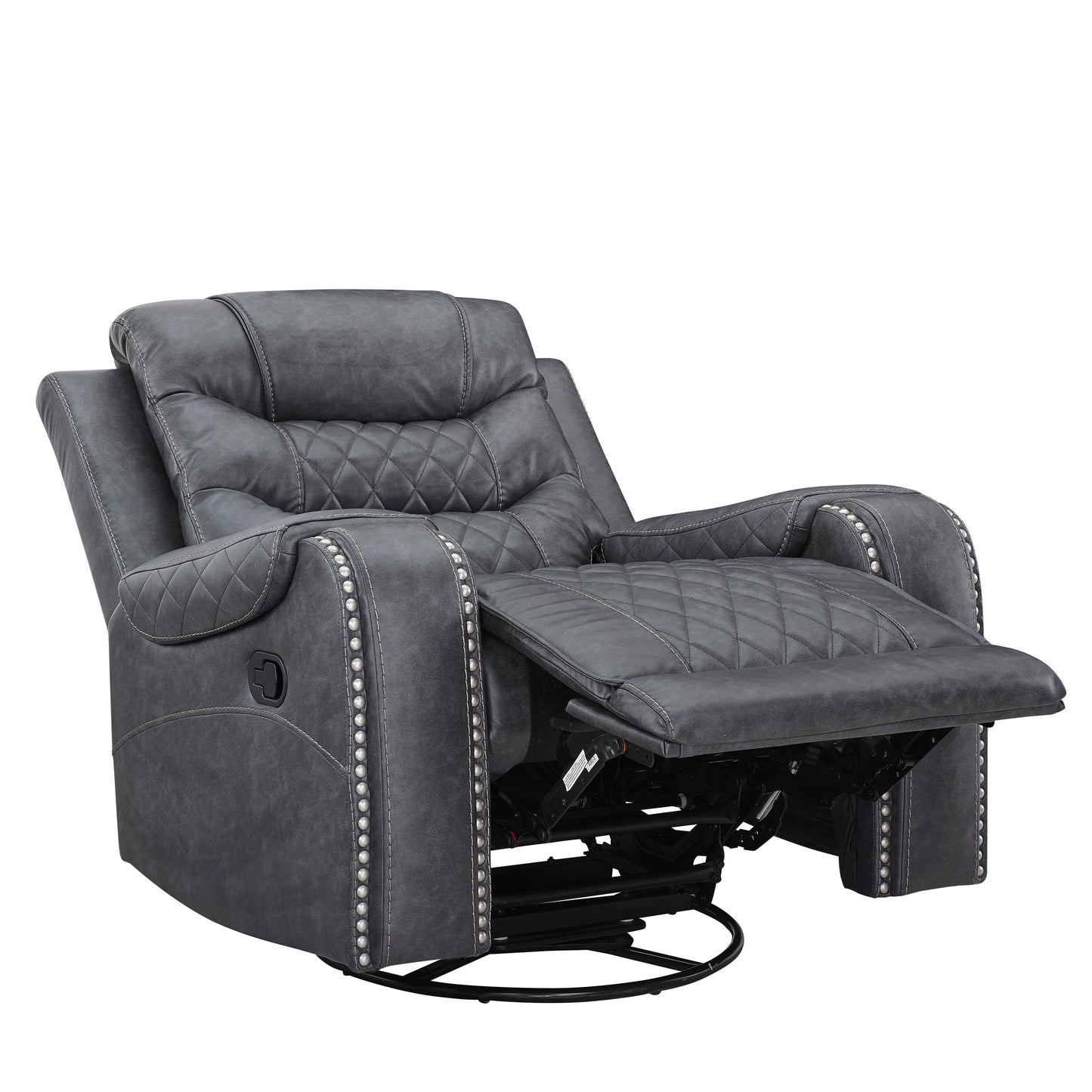 Klens Faux Leather Swivel Glider Recliner with Nailhead Trim, Gray