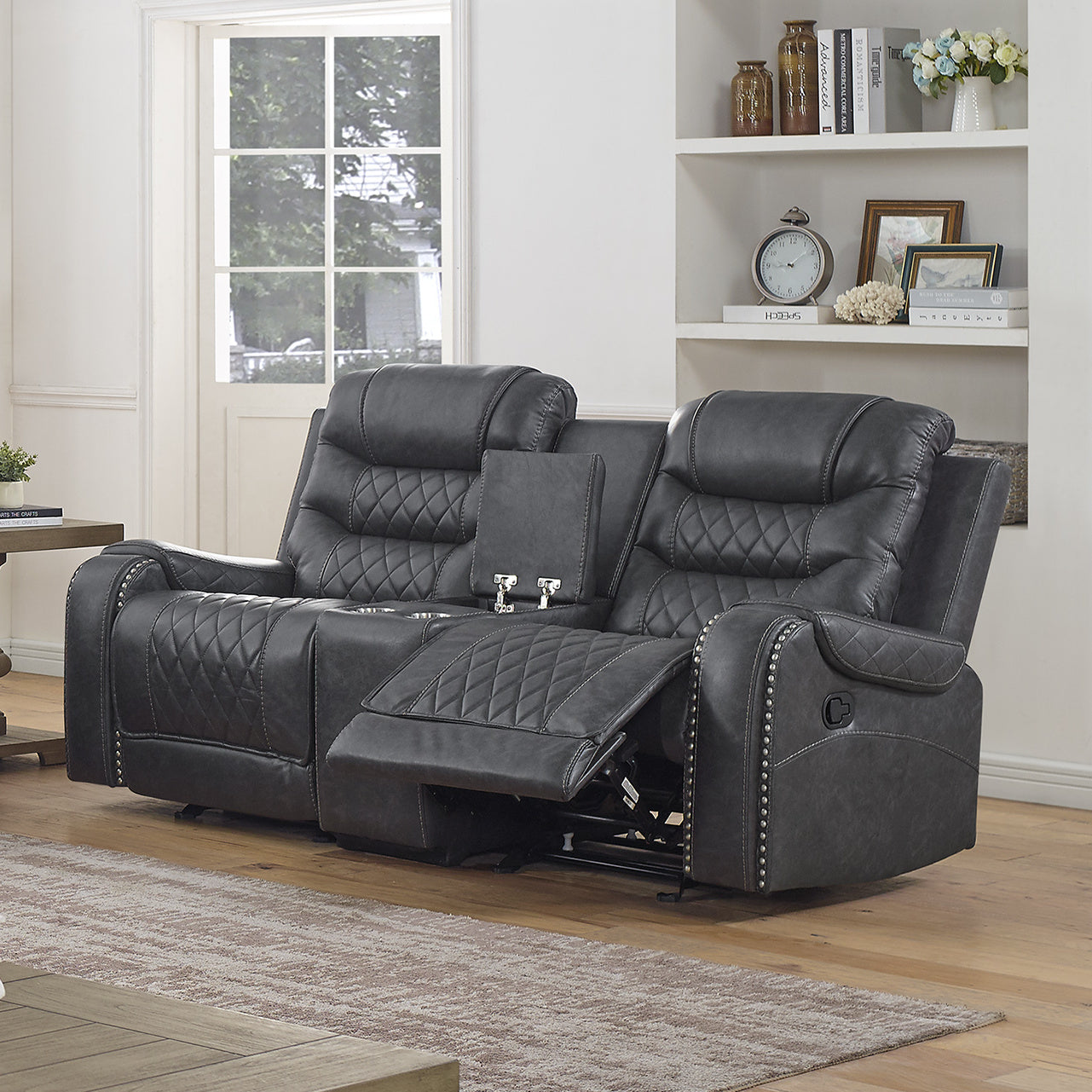 Leather reclining loveseat with nailhead deals trim