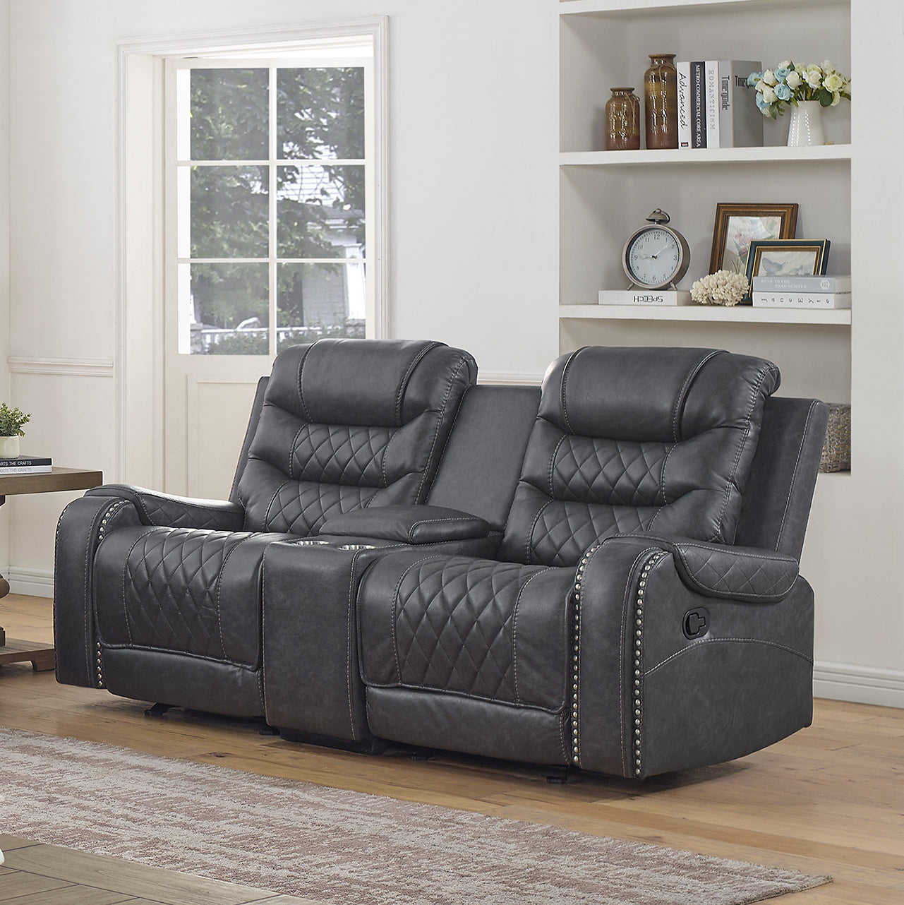 Klens Faux Leather Reclining Loveseat with Nailhead Trim, Gray